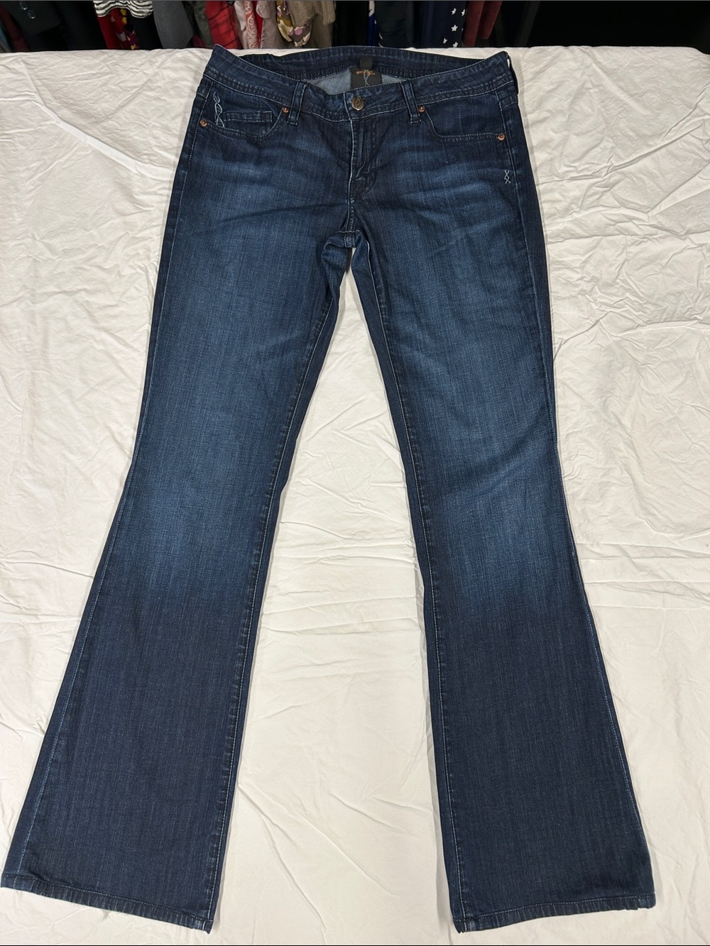 Genetic Denim Low Rise Flare Jeans Dark Wash DNA Helix Stitching
